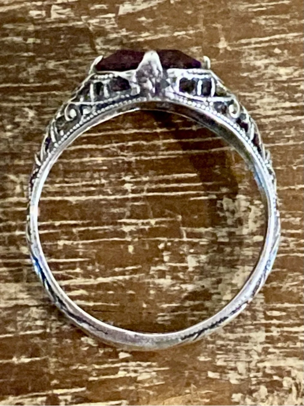 Sterling Silver Filigree Ring with Purple Stone - Size 7